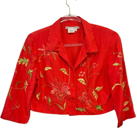 Maggy London Jackets & Blazers - Maggy London Red Floral 100% Silk Embroidered Lightweight Cropped Jacket Size 10